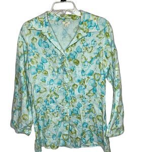 J.Jill 100% Linen Bow Button Watercolor Leaf Print Coastal Grandma Tunic Top. Sm